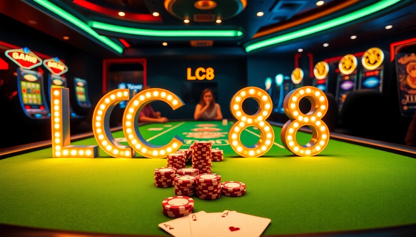 Experience the excitement of gambling at LC88 with vibrant casino visuals featuring poker tables and slot machines.