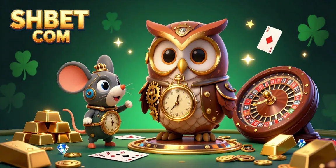 Engage with SHBET COM in this vibrant 3D casino scene featuring a time-traveling owl and clockwork mouse amidst gold treasures and gaming elements.