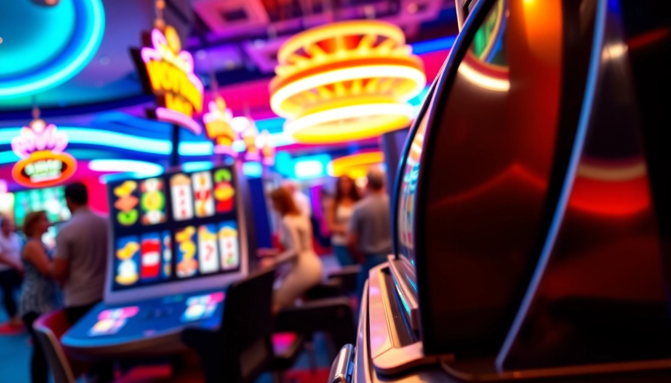 Slot Game dengan mesin slot berkilau dan suasana kasino yang ceria.