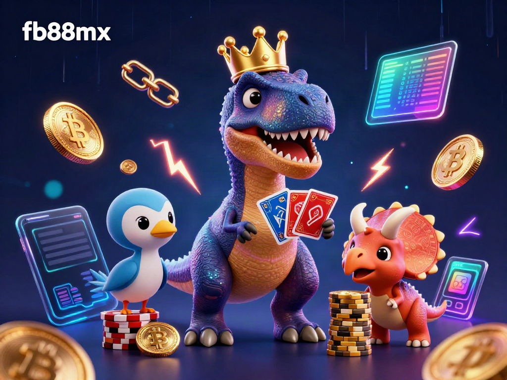 Engaging illustration of fb88mx with a T-Rex and friends betting at a vibrant gaming table, surrounded by crypto coins and chips.