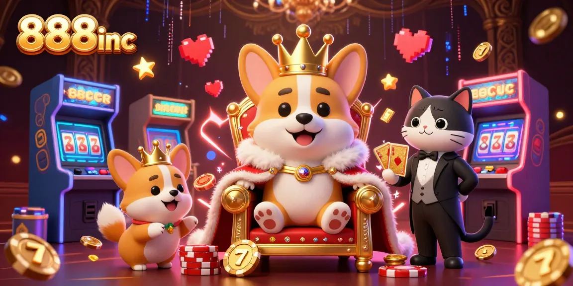 Engage with 888inc’s thrilling casino experience featuring corgis, neon elements, and dynamic slot visuals.