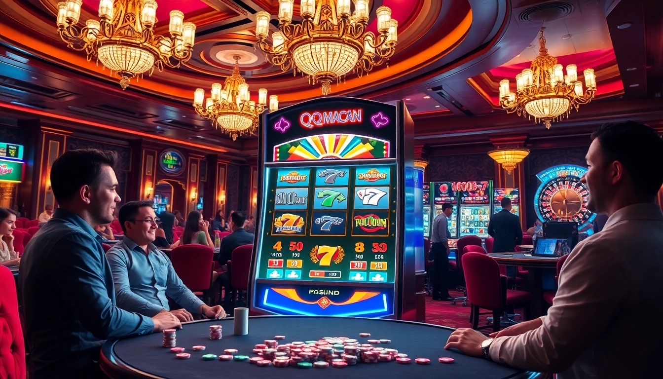 Experience the excitement of QQMacan with players engaging at a vibrant slot machine in a luxury casino setting.