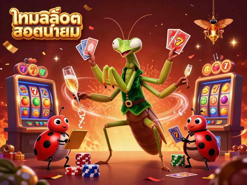 Engage with เกมสล็อตยอดนิยม in an exciting casino scene featuring a mantis card sharp and a ladybug pit boss.