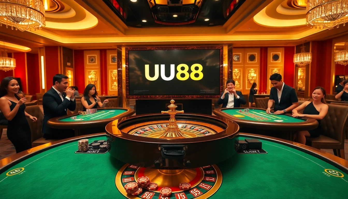 Players engaging at a luxurious UU88 casino table, enjoying high-stakes gambling excitement.