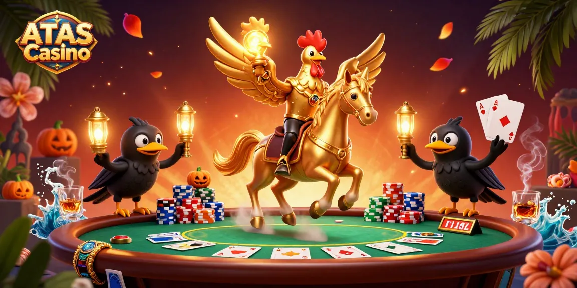 Engage with exciting gameplay at ATAS Casino, featuring a vibrant casino scene with a golden rooster.