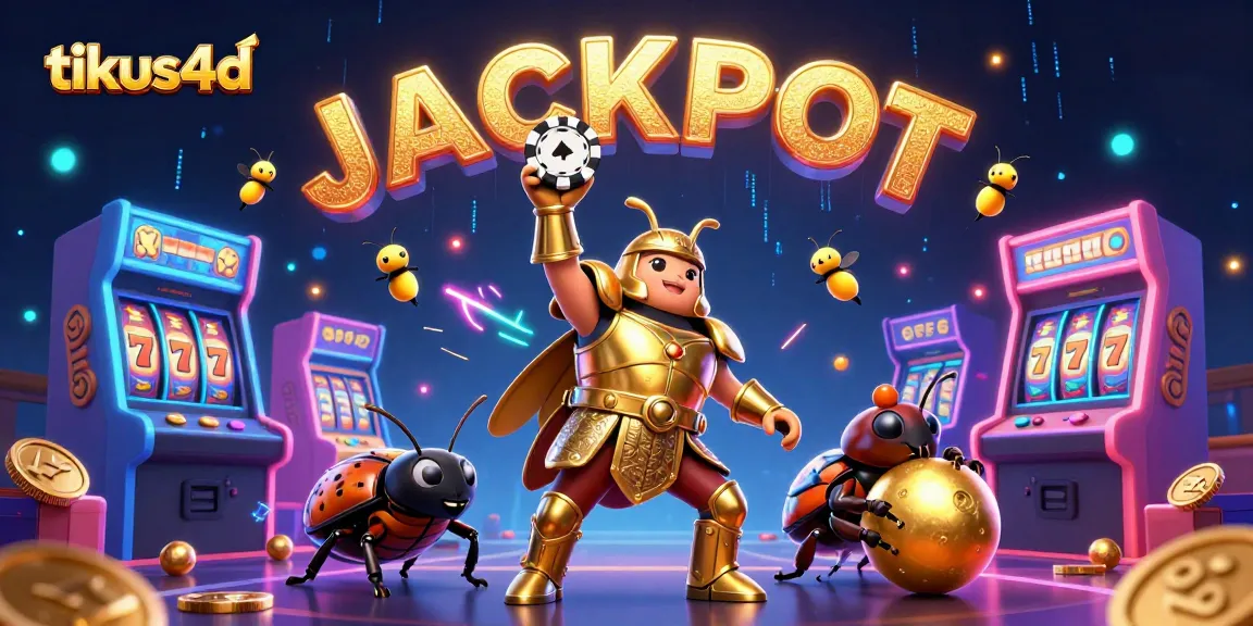 Tikus4d showcases a 3D hercules beetle celebrating a jackpot victory in a vibrant casino scene with glowing game elements.