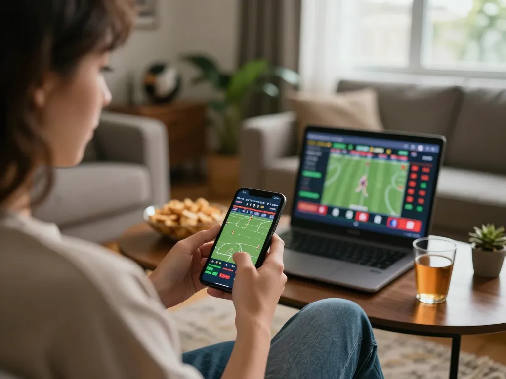 Bergabung dalam taruhan olahraga dengan pembaruan skor langsung di smartphone dalam suasana rumah yang nyaman