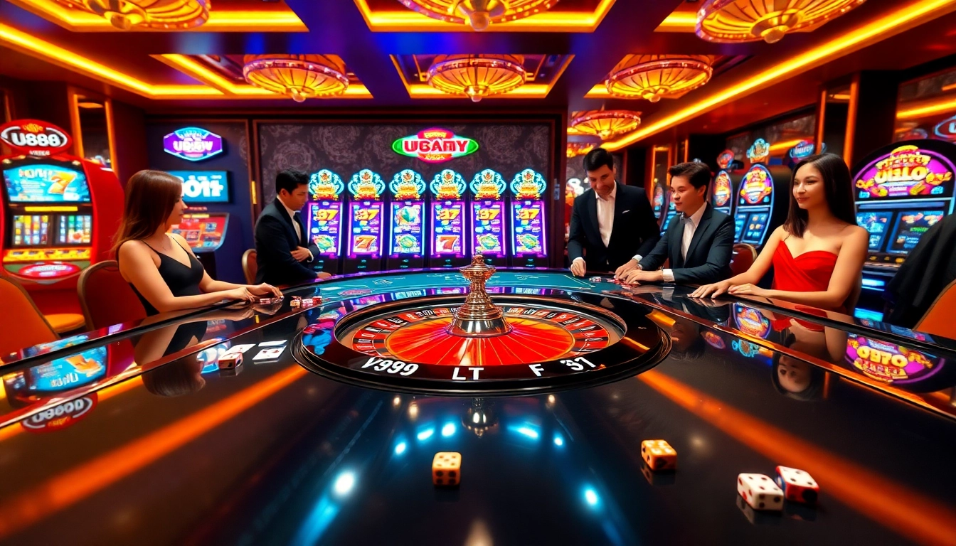 Experience thrilling gameplay at U888 with engaging casino tables and vibrant decorations.
