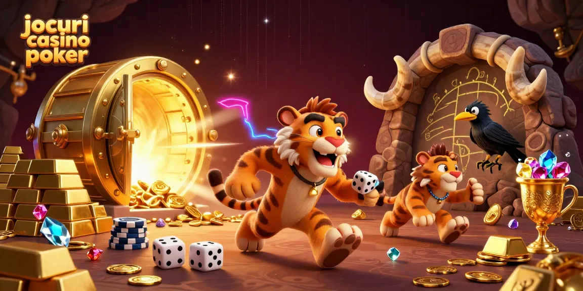 Jocuri casino poker captivante în scenă preistorică cu personaje 3D.