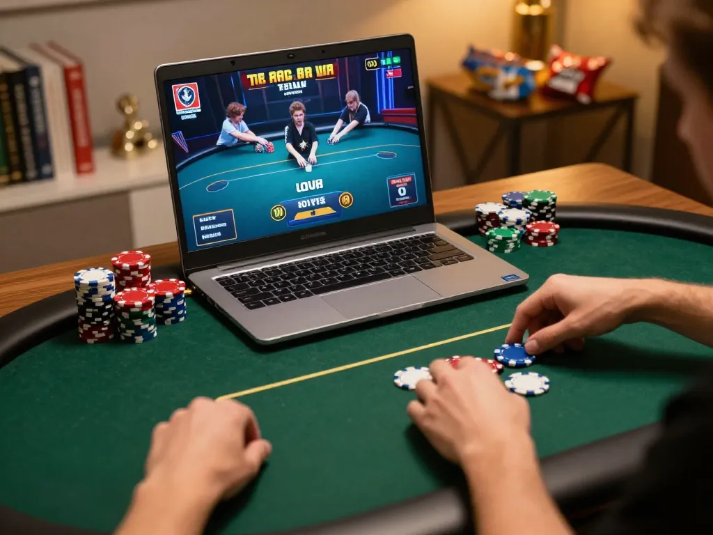 Engaging home scene with online poker gameplay using m108 strategy concepts, highlighting dynamic action and personal engagement