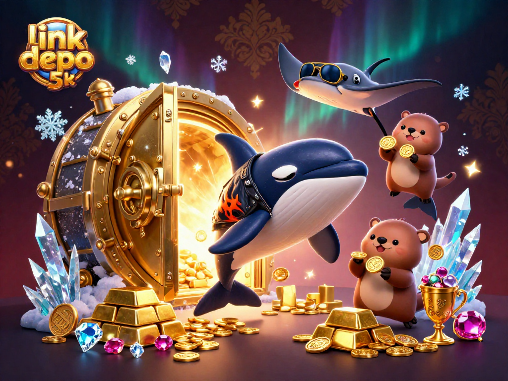 Engage in fun with link depo 5k as an orca jumps next to a stingray and otters float holding coins.