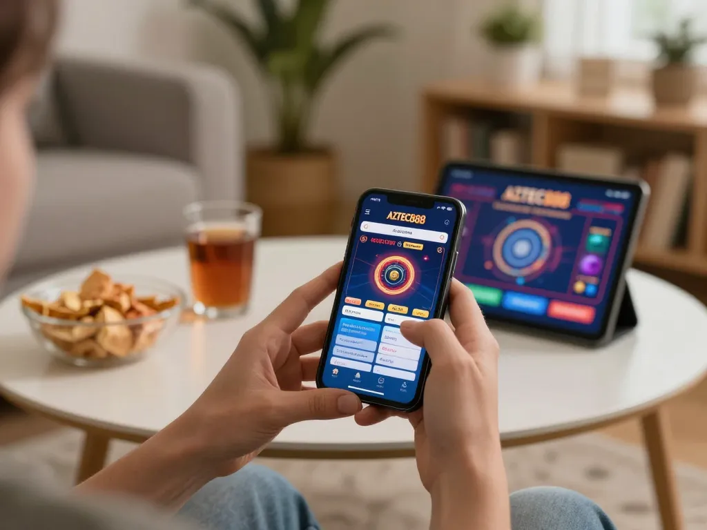 Engaging gameplay session on AZTEC888 app with strategic focus and relaxed home atmosphere.