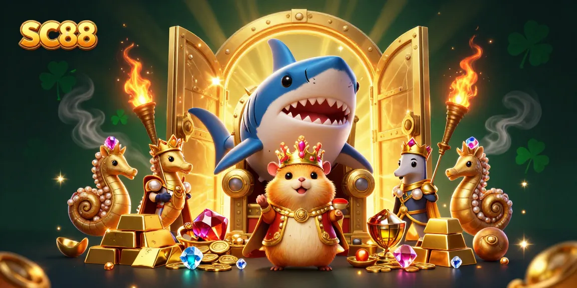 Engage in thrilling SC88 gaming with a golden hamster king amidst treasures and seahorse guards.