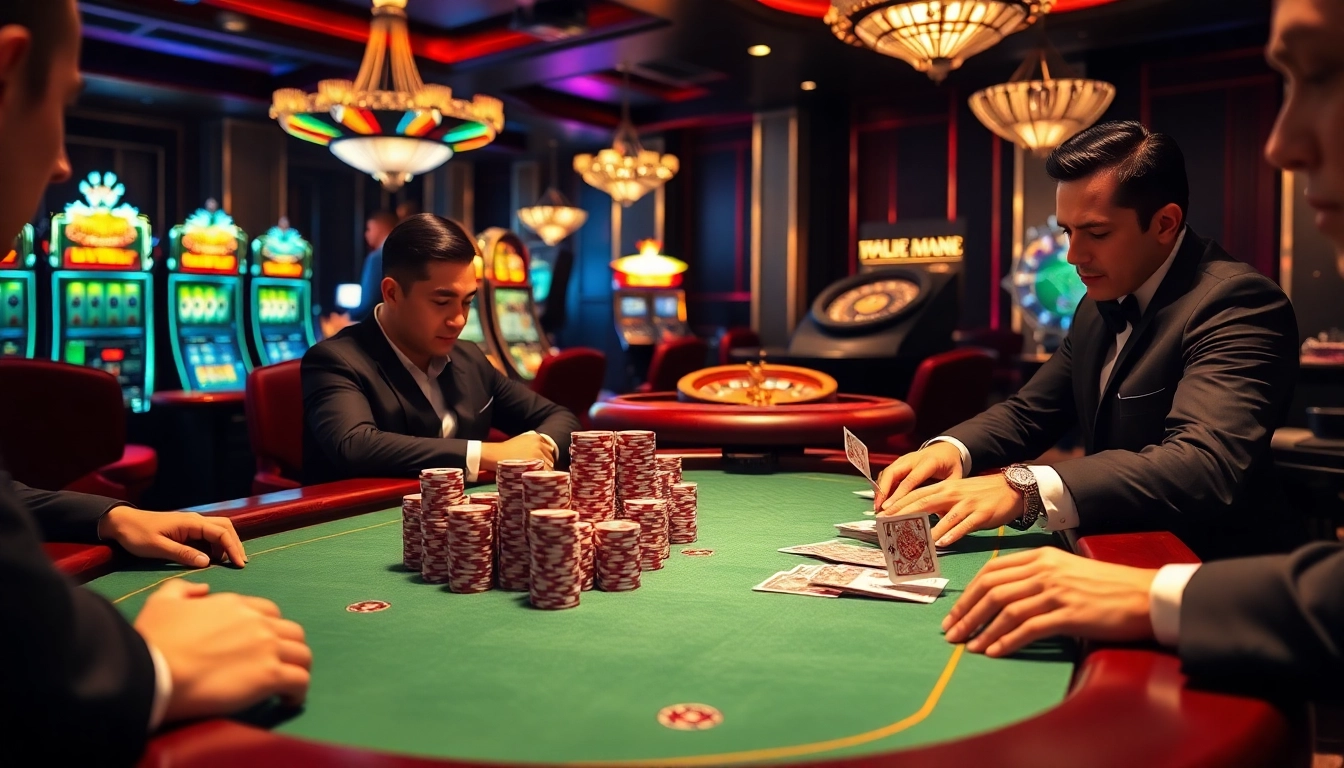 A dynamic casino scene at https://kuwinblog.com/ depicting thrilling poker gameplay with focused players and vibrant surroundings.