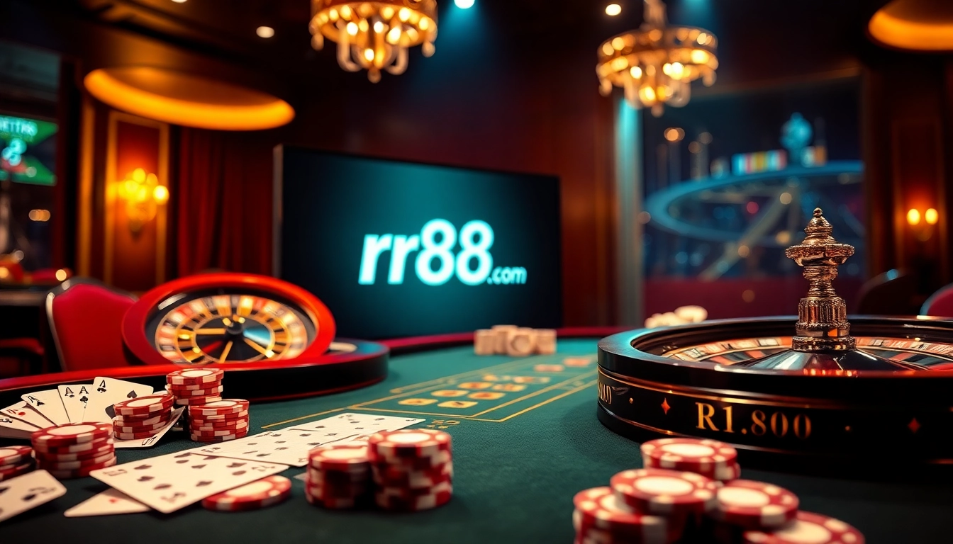 Experience the excitement of rr88.com with a lively poker table scene and vibrant casino elements.