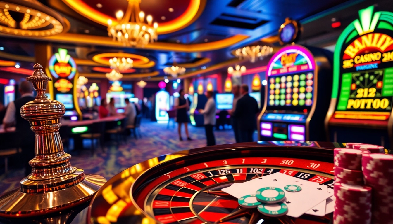 Experience the thrill of Game ok8386 with a vibrant casino scene showcasing roulette and slots.