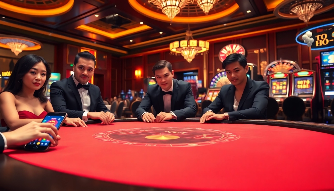Engaging gamblers with Nezha มือถือ on a smartphone amidst a glamorous casino atmosphere.