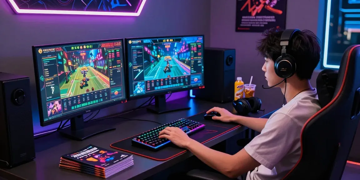 Gamer berfokus bermain rajatogel di ruang permainan modern dengan layar dan peralatan canggih.