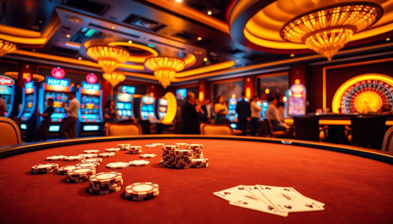 Experience the excitement of HAY88 with players enjoying poker at a glamorous casino scene.