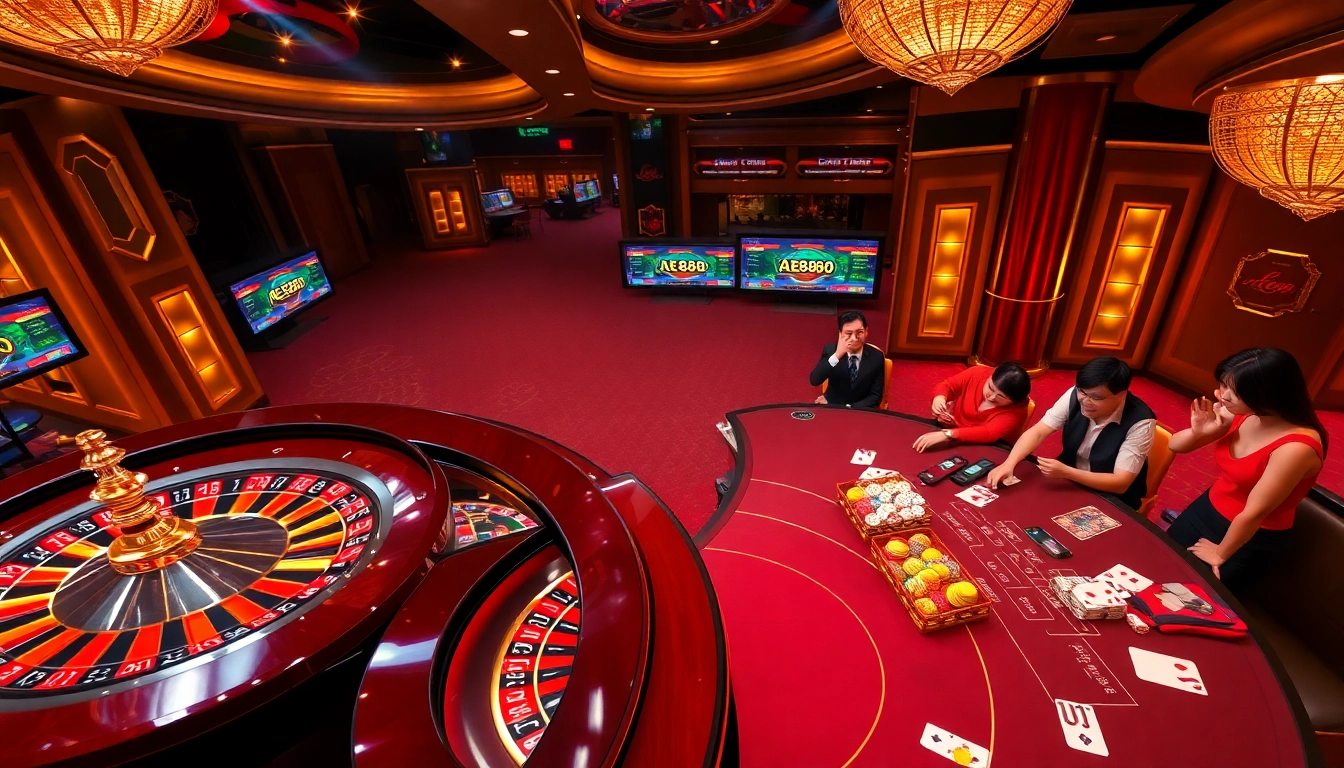 AE888 players enjoying high-stakes poker at a luxurious casino table with vibrant decorations.