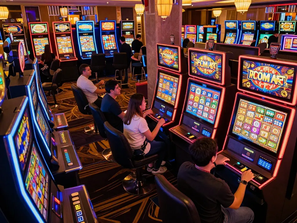 KONG88 players celebrating wins at vibrant slot machines in a lively casino atmosphere.