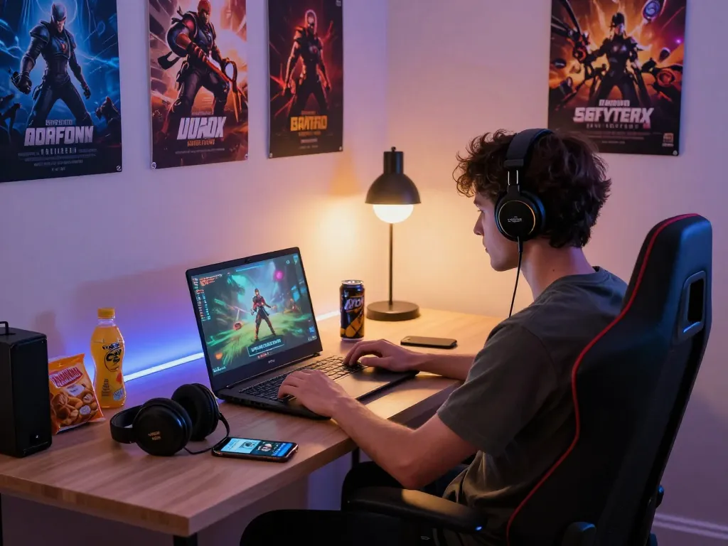 Engaging adult game scene with a person playing on a laptop, highlighting immersive gaming atmosphere.
