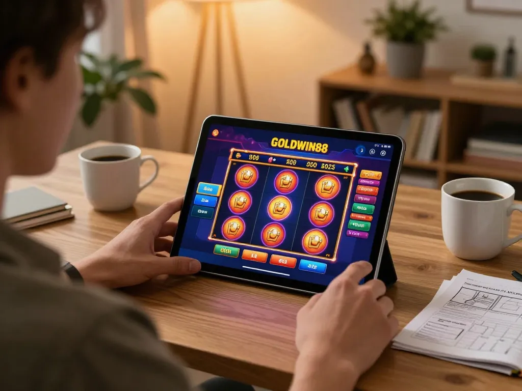 Pemain yang terlibat dengan platform GOLDWIN88 di tablet, menunjukkan kegembiraan perjudian online di lingkungan rumah yang nyaman.