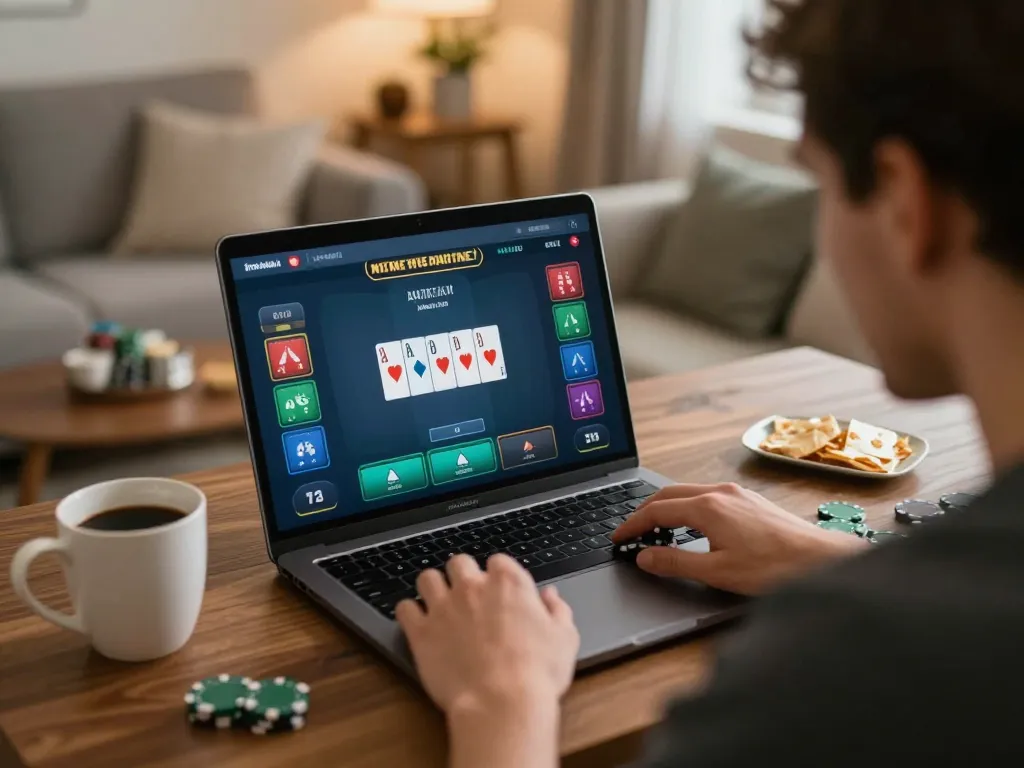 Engaged player managing a poker game on laptop with 777vip app in cozy home setting