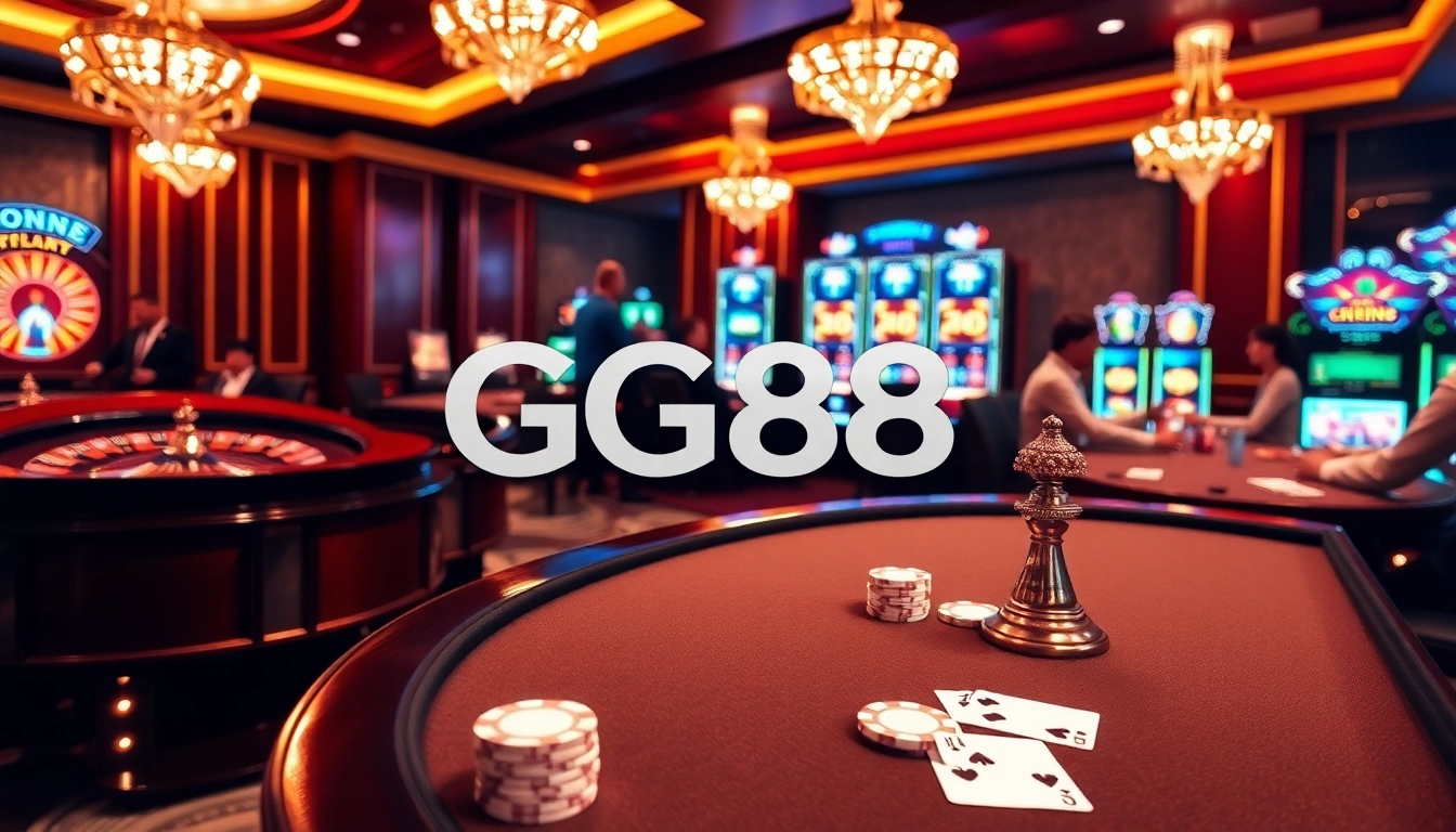 Players enjoying a thrilling game at GG88 casino tables with vibrant slot machines.