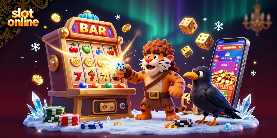 Putar slot online dengan karakter kartun dalam suasana kasino prasejarah yang meriah.