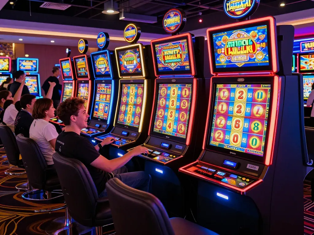 Pemain menikmati permainan slot yang menarik di kasino yang ramai, merayakan kemenangan dengan semangat