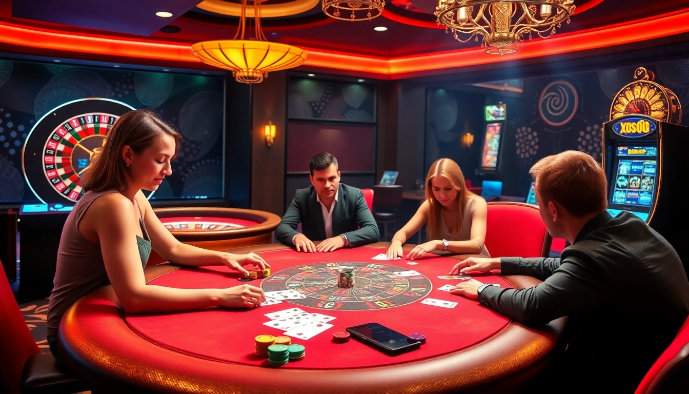 xoso66 players enjoy a thrilling poker game at a luxury casino table with vibrant colors and lights
