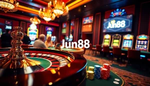 Experience the thrill of Jun88 at a vibrant casino atmosphere with players enjoying roulette, poker, and slots.