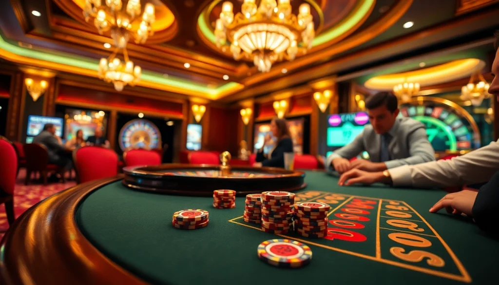 Intense gamblers strategizing at 79king's luxurious poker table in a vibrant casino setting.