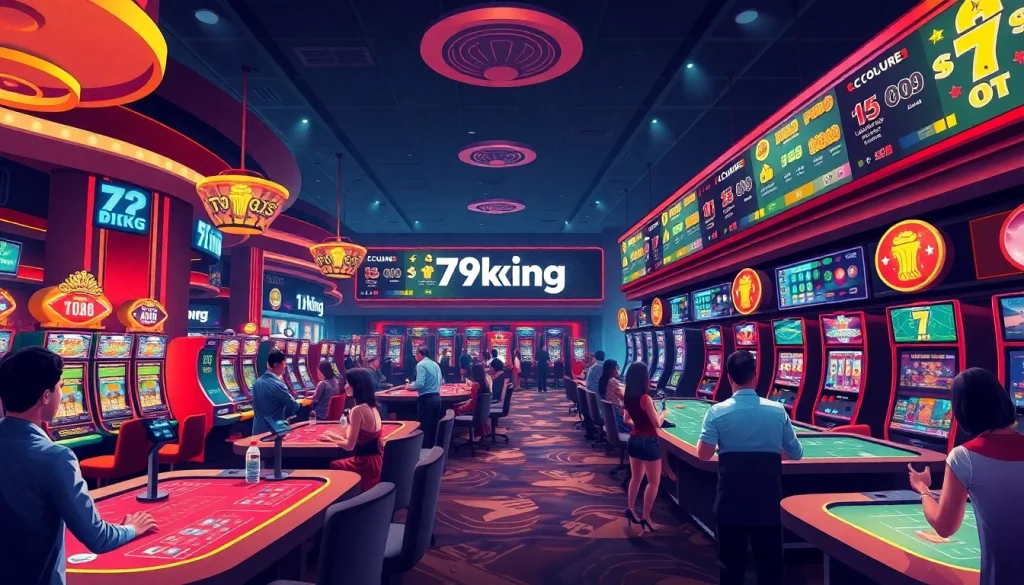 Fesselnde Szene von Spielern, die Casino-Spiele bei 79king genießen und eine aufregende Atmosphäre des Online-Glücksspiels darstellen.
