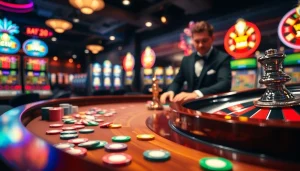 Engaging casino atmosphere featuring a roulette table and vibrant chips.