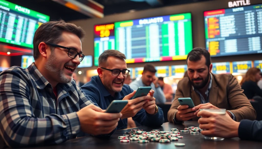 Engaged bettors reviewing odds in a vibrant sports betting atmosphere, showcasing Sports Betting action.
