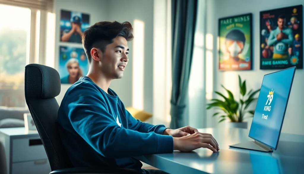 An engaging scene showcasing a user playing on the 79king online betting platform in a modern room filled with gaming decor and energetic colors.