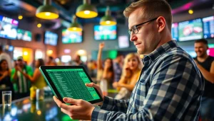 Engaging snapshot of online Betting activity with vibrant atmosphere in a sports bar setting.