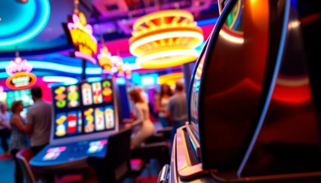 Slot Game dengan mesin slot berkilau dan suasana kasino yang ceria.