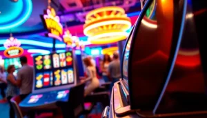 Slot Game dengan mesin slot berkilau dan suasana kasino yang ceria.