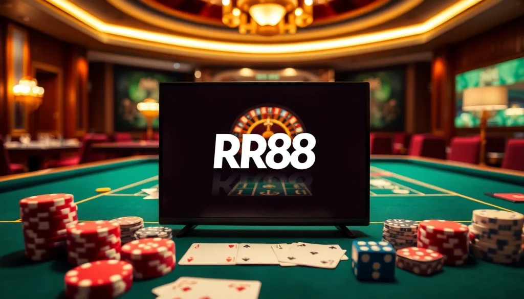 Scène de casino RR88 engaging avec une table de jeu vibrante, jetons de poker et roue de la roulette, mettant en valeur l-excitation.
