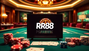 Scène de casino RR88 engaging avec une table de jeu vibrante, jetons de poker et roue de la roulette, mettant en valeur l-excitation.