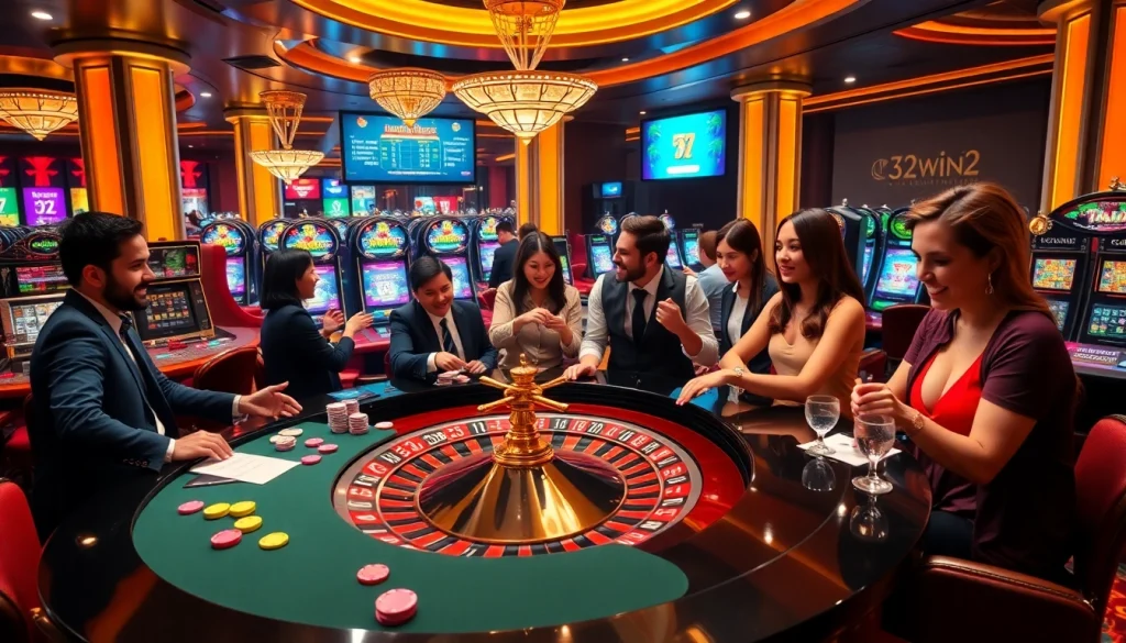 Excited players at a luxurious casino scene featuring 32win2's roulette table and vibrant gaming atmosphere.
