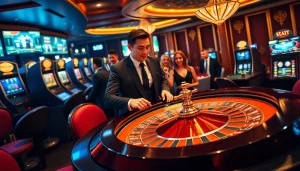 Excited players gather around a roulette table at s8.com casino filled with vibrant lights and poker chips.