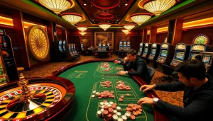 Experience the thrill of kkwin with vibrant casino gaming featuring roulette, poker chips, and dynamic slot machines.