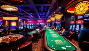 Exciting casino atmosphere showcasing KJC gaming experience with roulette and poker tables.
