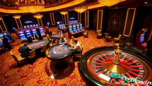 Players engaging at the blackjack table, showcasing cwin strategies in a luxurious casino setting.