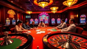 Engaged players strategizing at a new 88 high-stakes poker table amidst a vibrant casino atmosphere.