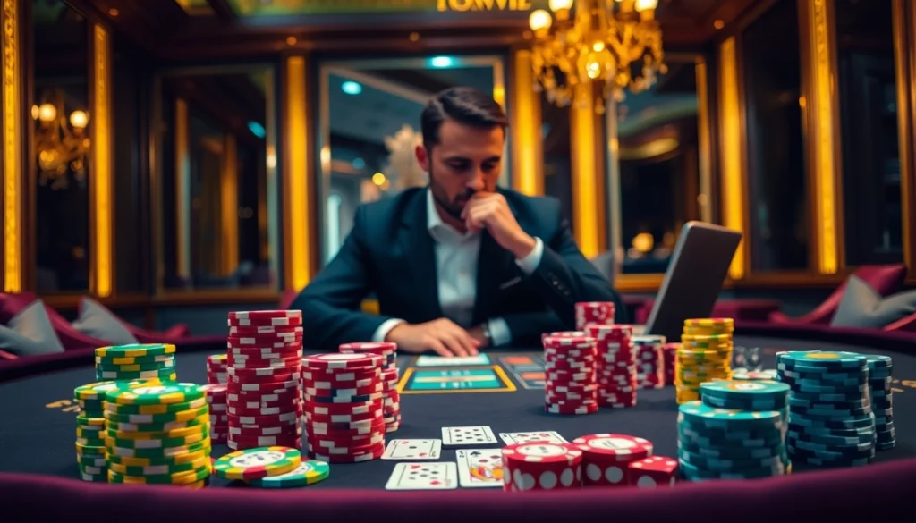 TOPVIP gamblers strategizing with poker chips and vibrant casino elements